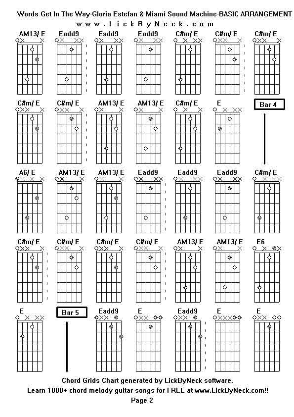 Chord Grids Chart of chord melody fingerstyle guitar song-Words Get In The Way-Gloria Estefan & Miami Sound Machine-BASIC ARRANGEMENT,generated by LickByNeck software.